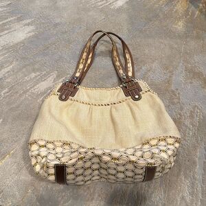 Fossil Large Floral Straw Shoulder Bag Woven Boho Leather Satchel Purse